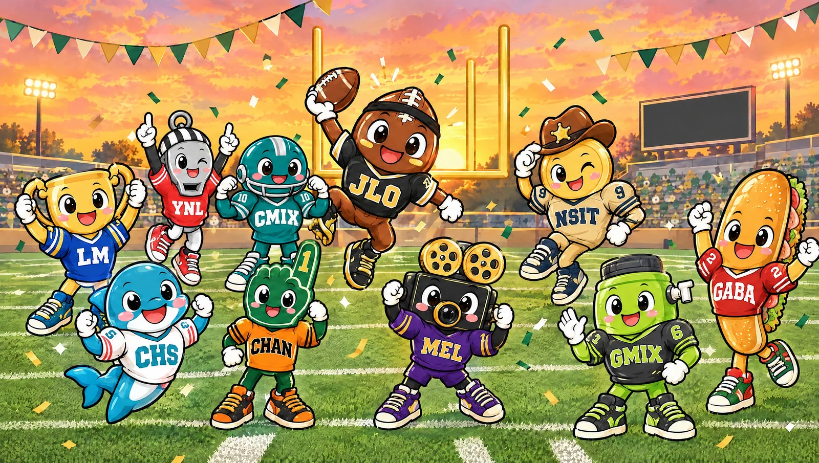 All ten league mascots celebrating a touchdown on a sunset football field